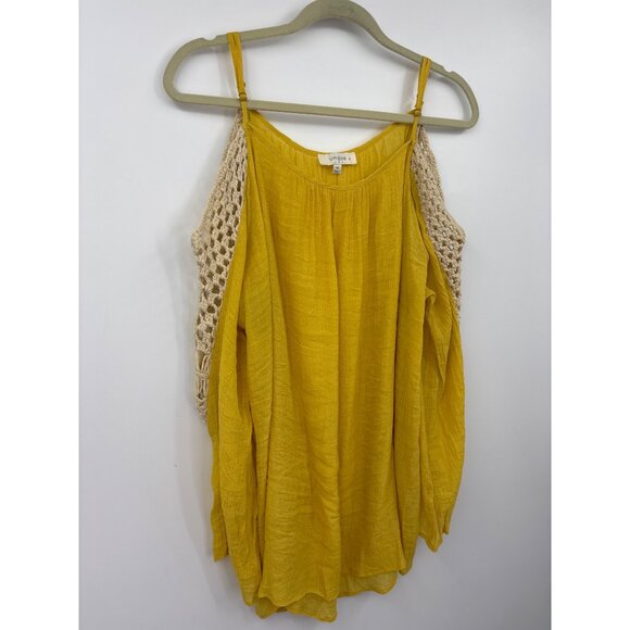 Umgee Cold Shoulder Crochet Gauze Blouse Top Boho Peasant Yellow 1XL - Picture 2 of 4